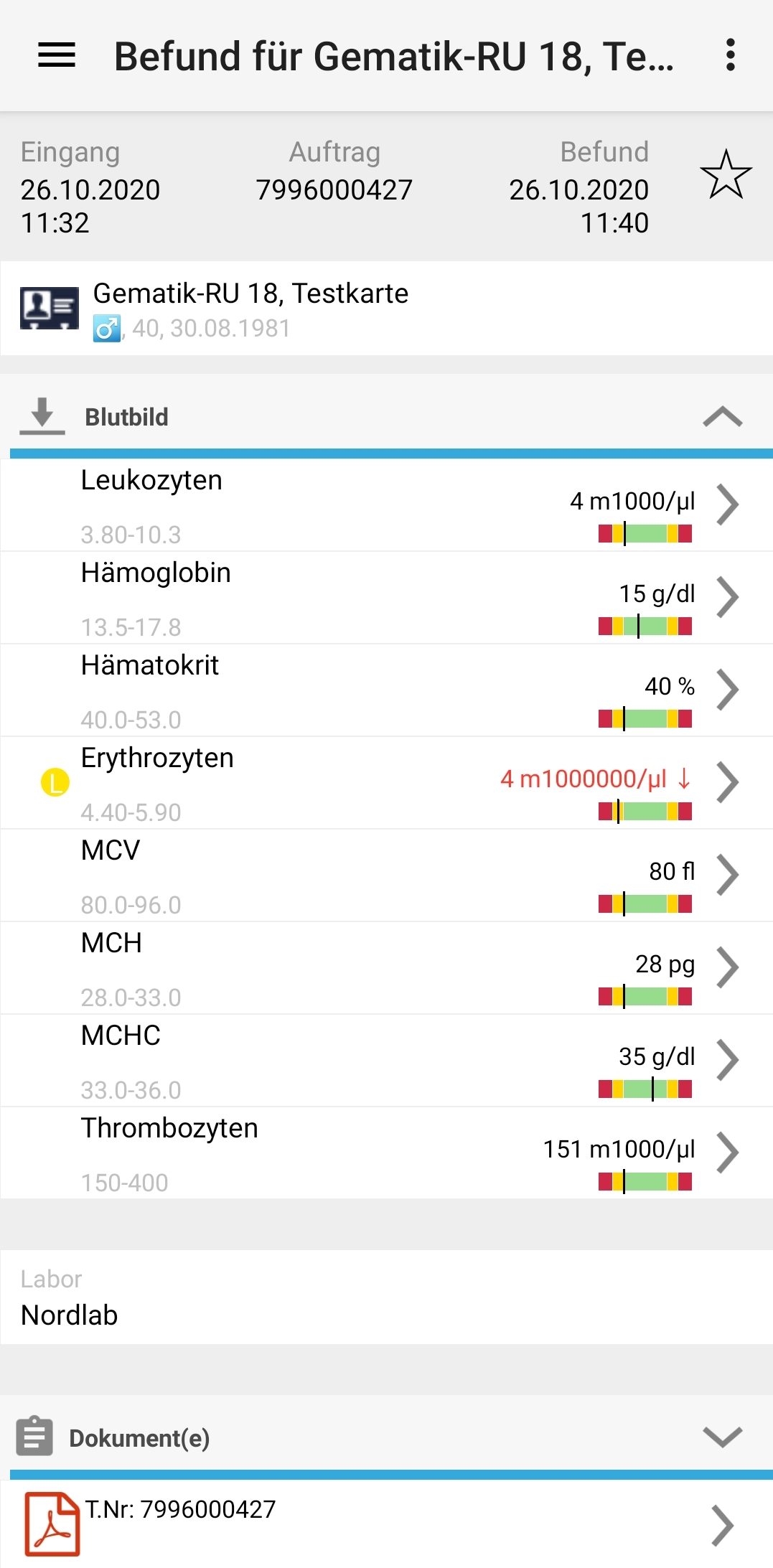 Ergebnisse der Laboruntersuchungen eines Patienten (Android Version) 